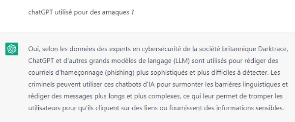 Réponse de ChatGPT quand on l'interroge sur le sujet des arnaques avec son aide.